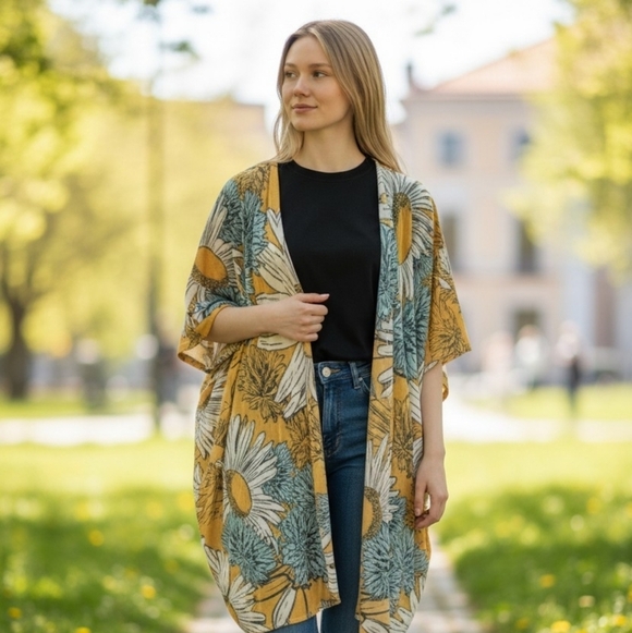 None Sweaters - Floral Kimono Cardigan Wrap